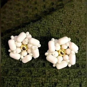 Pair of vintage white glass beaded flower clip on earrings